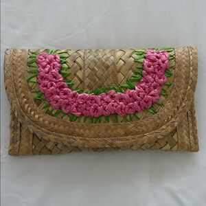 Chic Straw Clutch with Pink and Green Embellishments